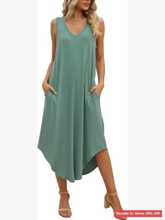 Sleeveless V-Neck Maxi Dress with Pockets, Rayon Blend, Casual Summer Midi - Picture 1 of 6